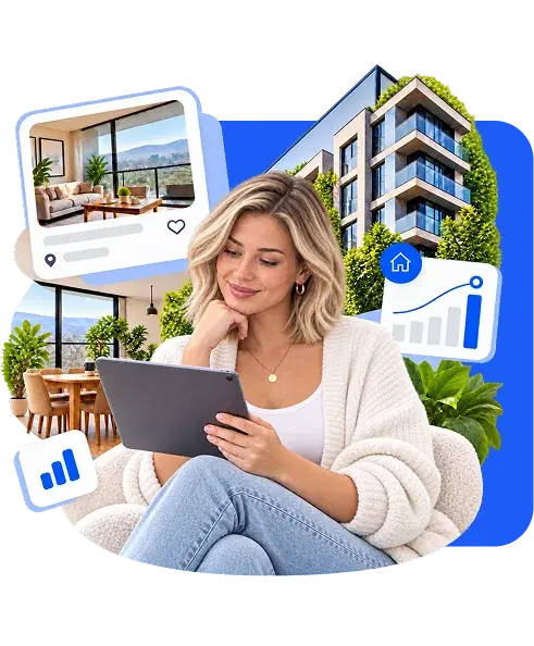 Mujer revisando proyectos en su tablet, con departamentos e indicadores alrededor