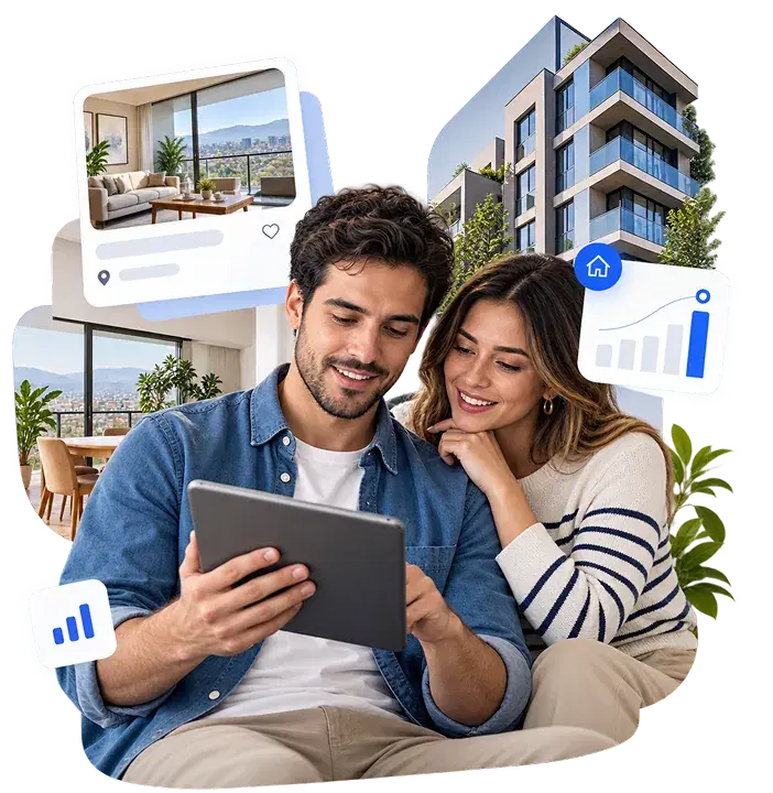 Pareja planificando su futuro inmobiliario con proyectos en la tablet